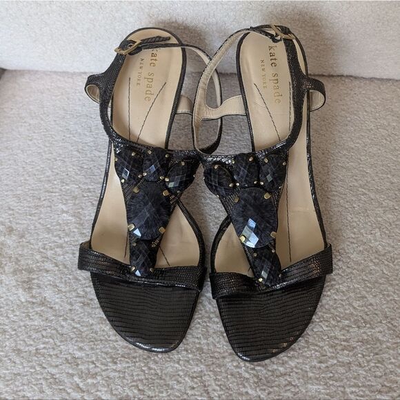 Kate Spade Metallic Black Beaded Strappy Sandal Heels snakeskin - Picture 2 of 6